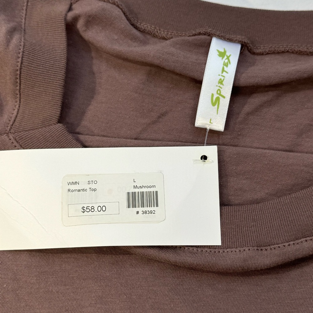 Spiritex Mushroom/Mauve 3/4 sleeve USA made cotton top, women’s Lg, square neck - Picture 3 of 12